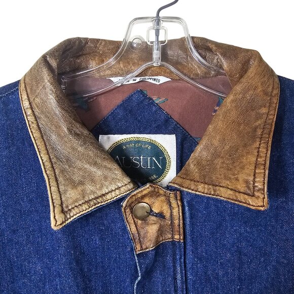 VTG Austin Heavy Denim Jacket Leather Collar XL Insulated Barn Coat Action Back - Picture 4 of 16